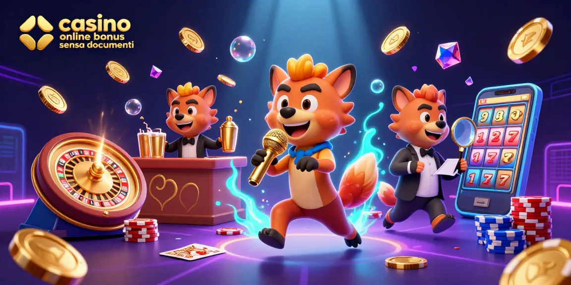 Gioca al casino online bonus senza documenti con una scena vivace di comici e giochi