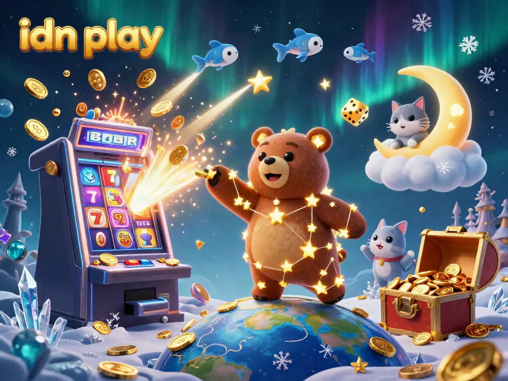 Engage with idn play through vibrant 3D casino art featuring a constellation bear, slot machine, and golden coins.