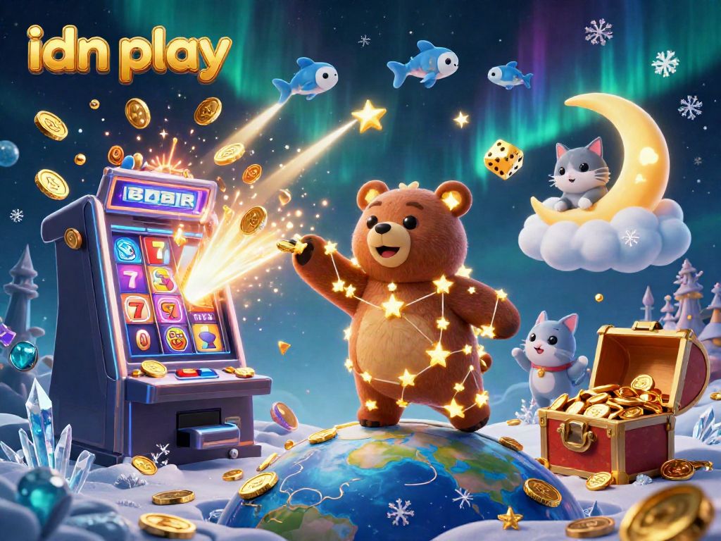Engage with idn play through vibrant 3D casino art featuring a constellation bear, slot machine, and golden coins.
