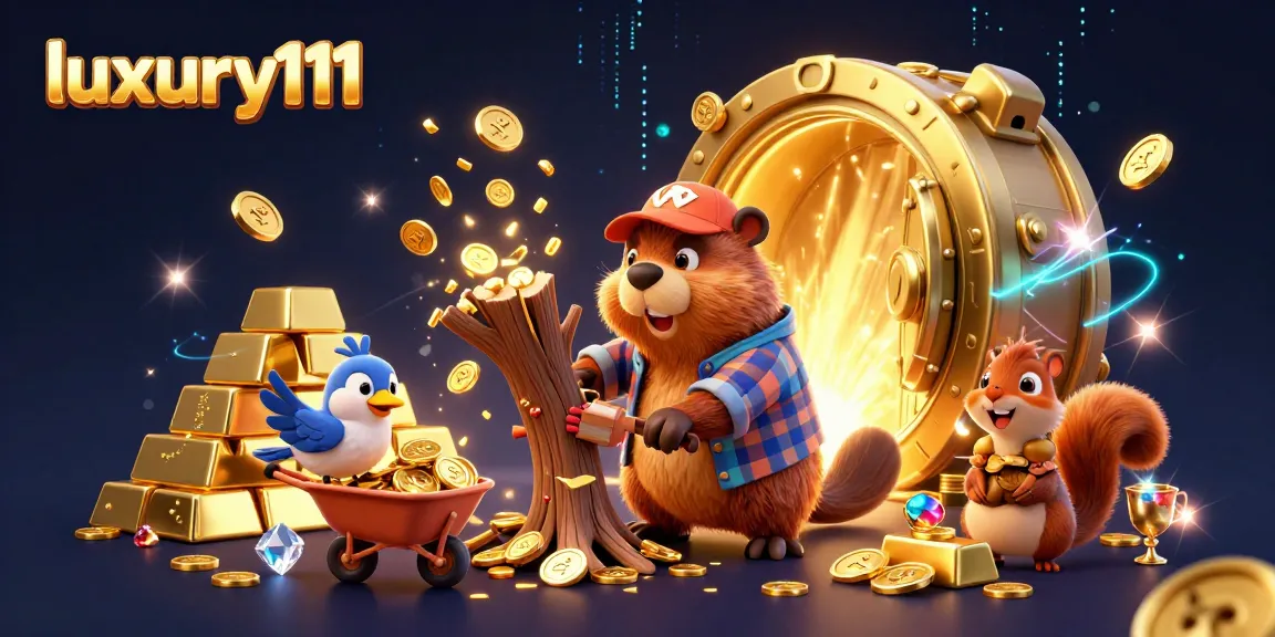 Experience exciting gameplay with luxury111 in a vibrant 3D scene showcasing a beaver, bird, and squirrel enriching the casino atmosphere.
