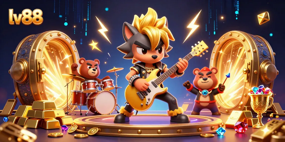 Experience the excitement of lv88 casino with a dynamic 3D illustration of gamers and treasures.