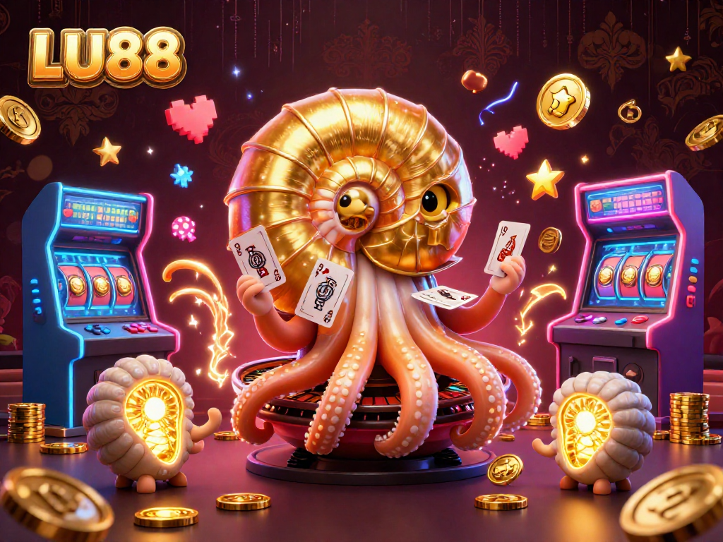 LU88 showcases a vibrant 3D digital casino scene with a giant nautilus roulette wheel.