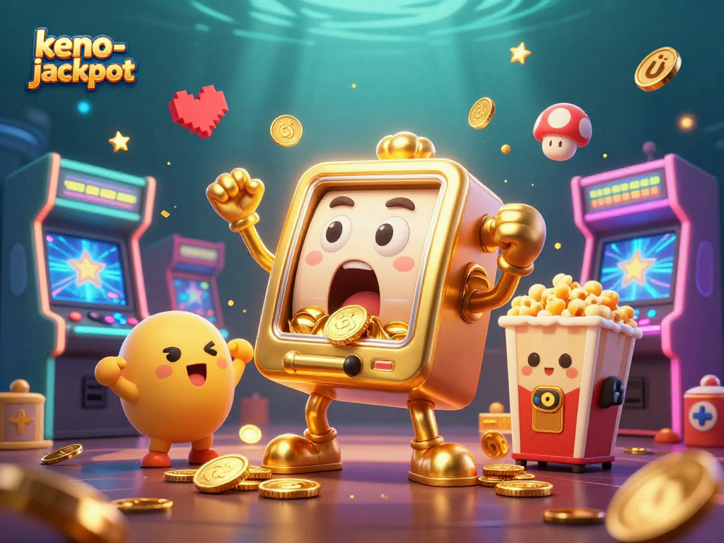 Join the keno-jackpot excitement as animated slot machines celebrate a big win!