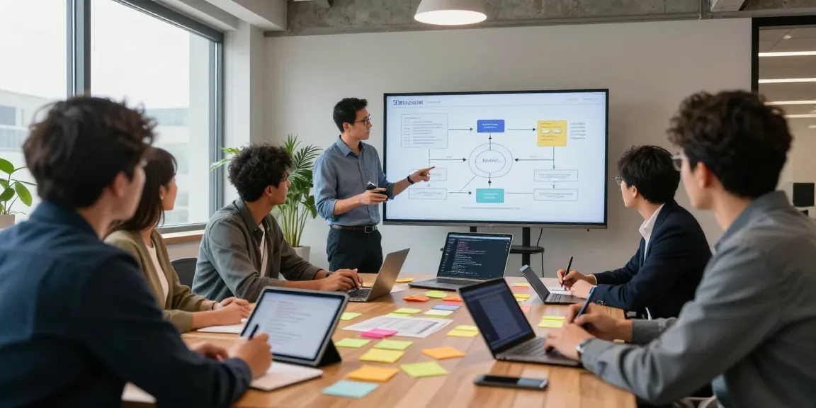 Team collaborates to build internal tools with AI in a modern office setting.