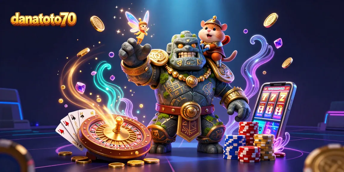 Experience the magic of danatoto70 with a vibrant casino scene of animated characters and game elements.