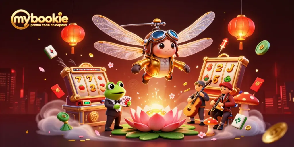 Play slots with the mybookie promo code no deposit while enjoying an exciting 3D casino scene filled with vibrant elements.