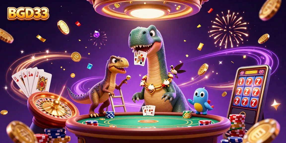 Experience the excitement of BGD33 with a lively casino scene featuring a giant dinosaur and a clever raptor dealer.