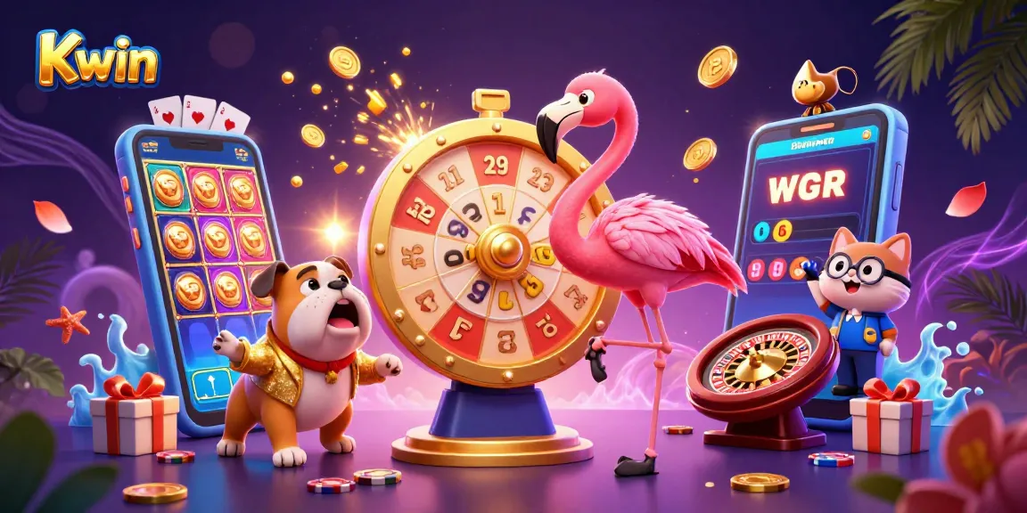 Kwin celebrates with a vibrant game show scene featuring prizes, golden coins, and cheerful characters.