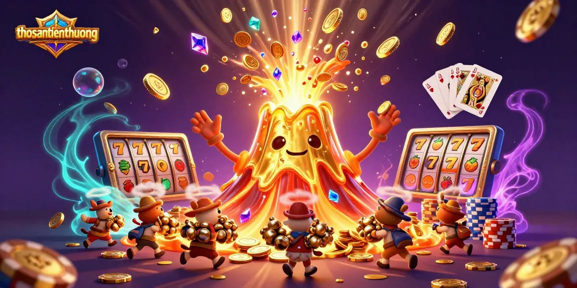 thosantienthuong showcases a vibrant casino scene with a golden volcano and treasure elements.