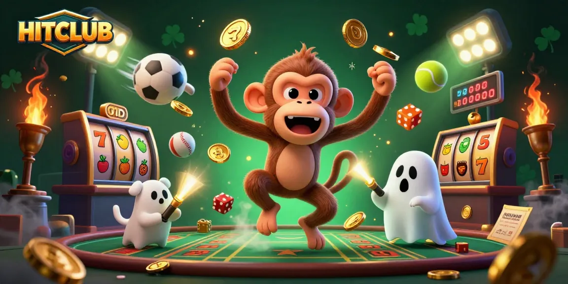 Experience the excitement of HITCLUB with a playful poltergeist monkey and ghost-hunter puppy in a vibrant casino scene.
