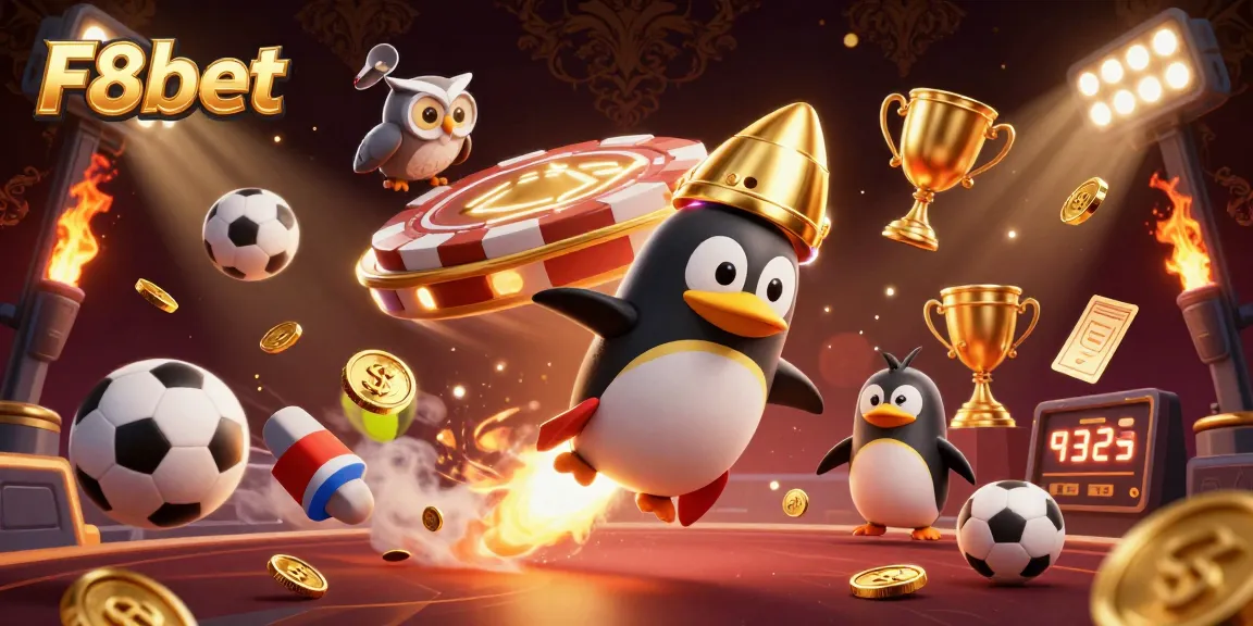 Experience the thrill of F8bet with a dynamic 3D scene featuring a golden penguin and casino adventure.