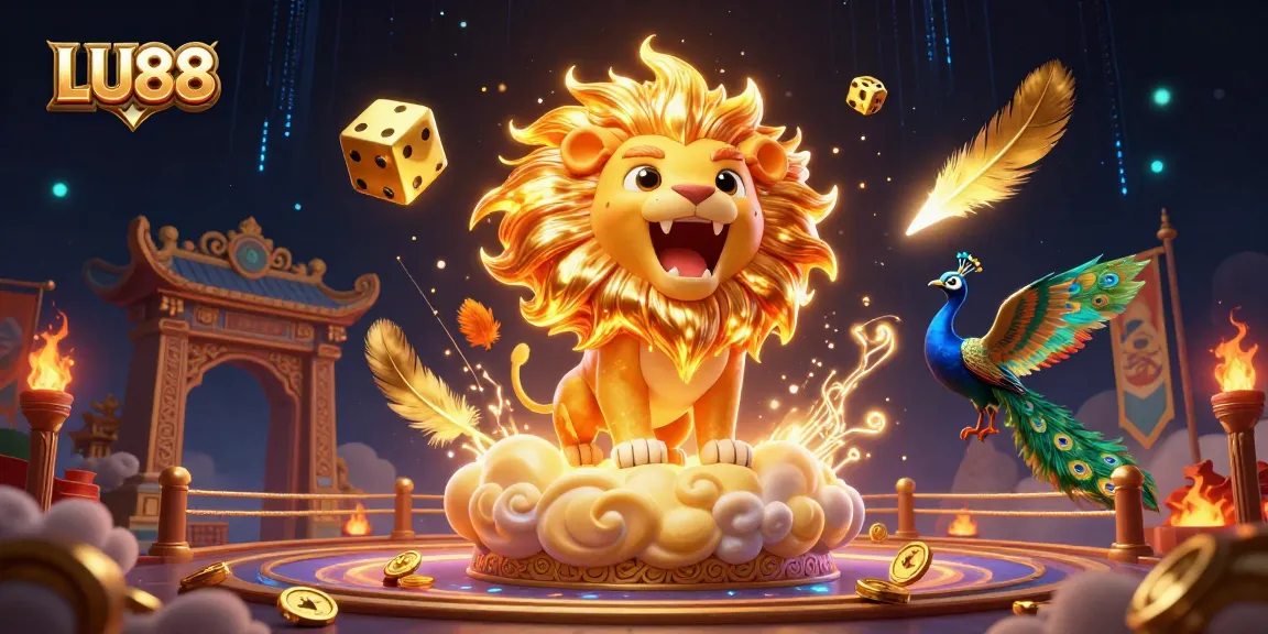 LU88 shines in a vibrant casino scene with golden dice and roaring lion amidst swirling gold coins.