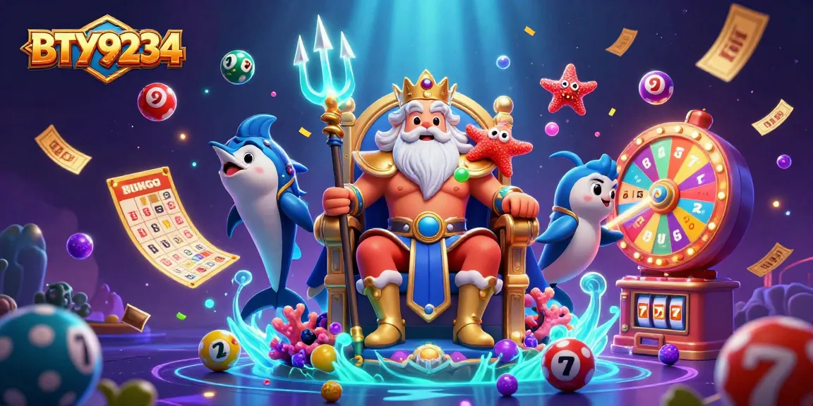 Experience the excitement of BTY9234 with Neptune, lottery balls, and slot reels in a vibrant casino scene.