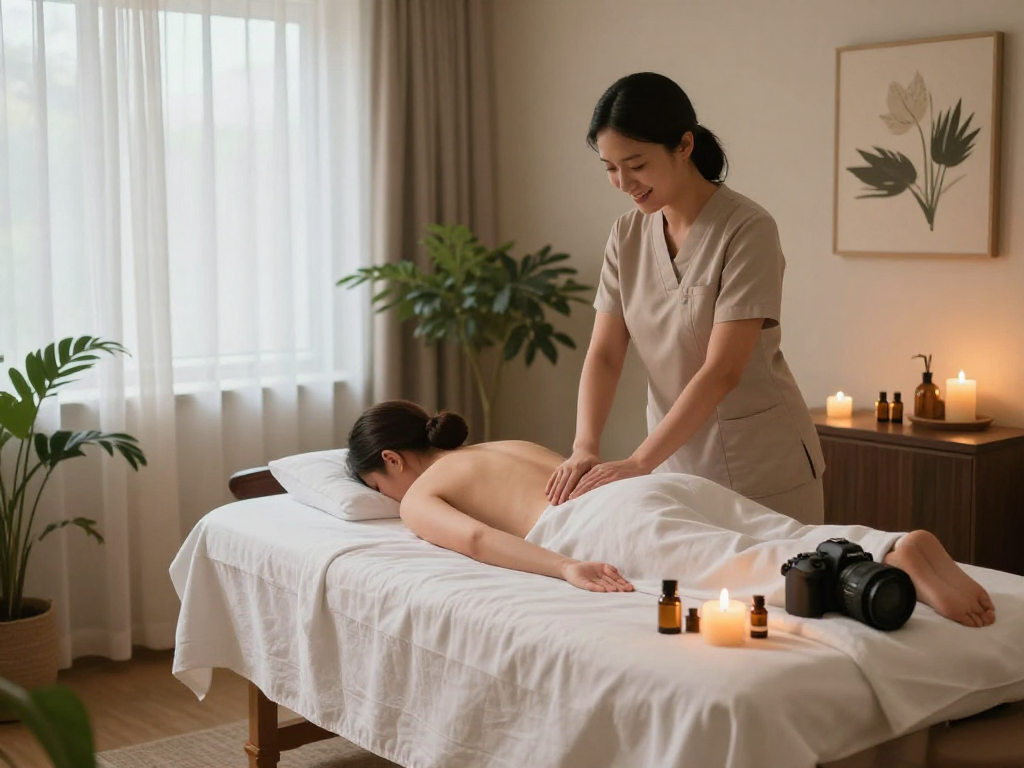 스웨디시 마사지가 진행 중인 평화로운 스파 내부 모습, 아늑한 조명과 편안한 마사지 테이블이 돋보임.