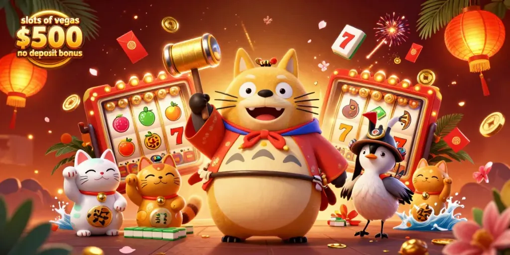 Play slots of vegas $500 no deposit bonus with cheerful tanuki and crane in a dynamic casino scene.