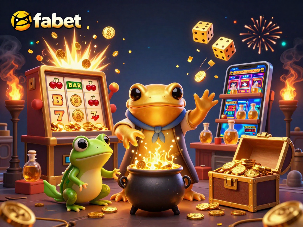 Spin the reels with fabet as golden coins and slot machine symbols explode in a magical scene.