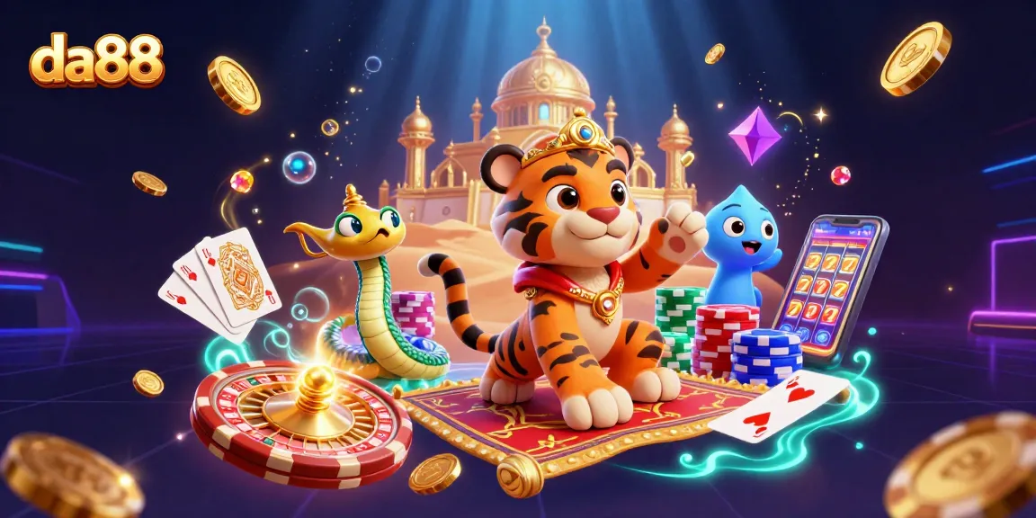 Engage with da88's dynamic online gaming atmosphere featuring a colorful 3D illustration.