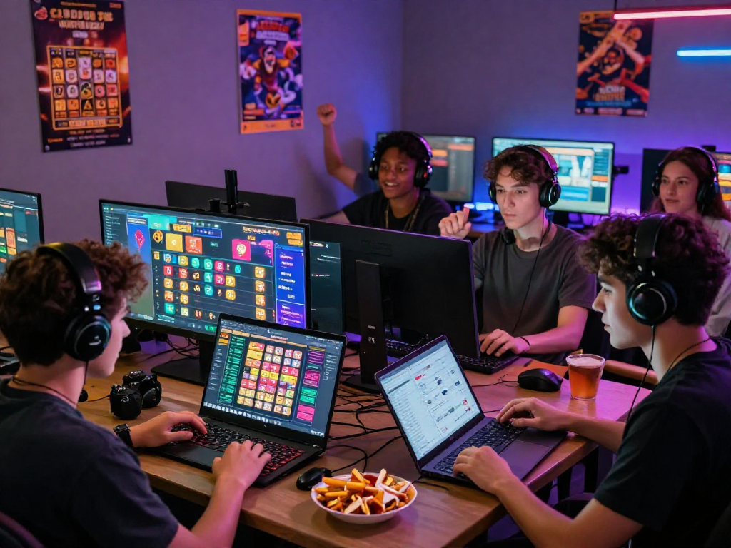 Dewatogel online lottery players enjoying a lively gaming session with vibrant interfaces and interacting in an exciting atmosphere.