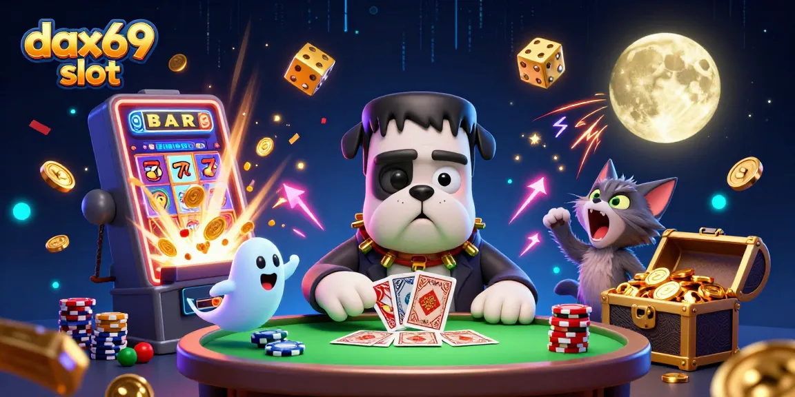 Dax69 slot menampilkan bulldog Frankenstein bermain kartu, jackpot memukau dan kucing serigala menghujani simbol keberuntungan.