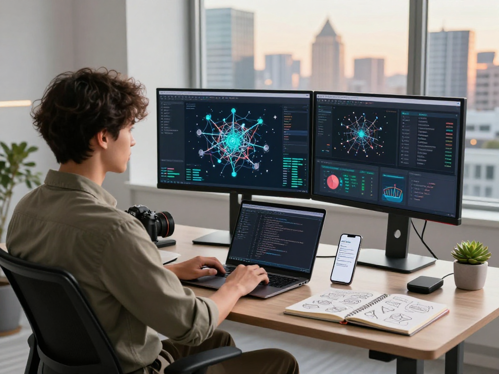 Engaging digital workspace with a professional showcasing AI gf software development process, vibrant city skyline in background.