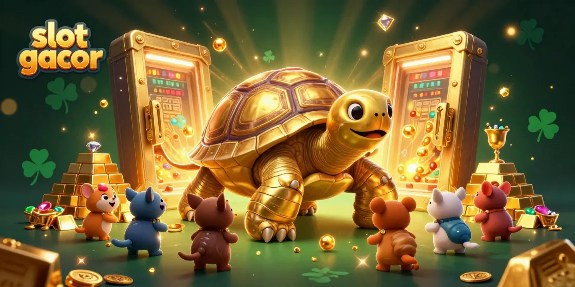 Experience the thrill of slot gacor with a scene of excitement featuring a colossal golden tortoise as a pinball machine.