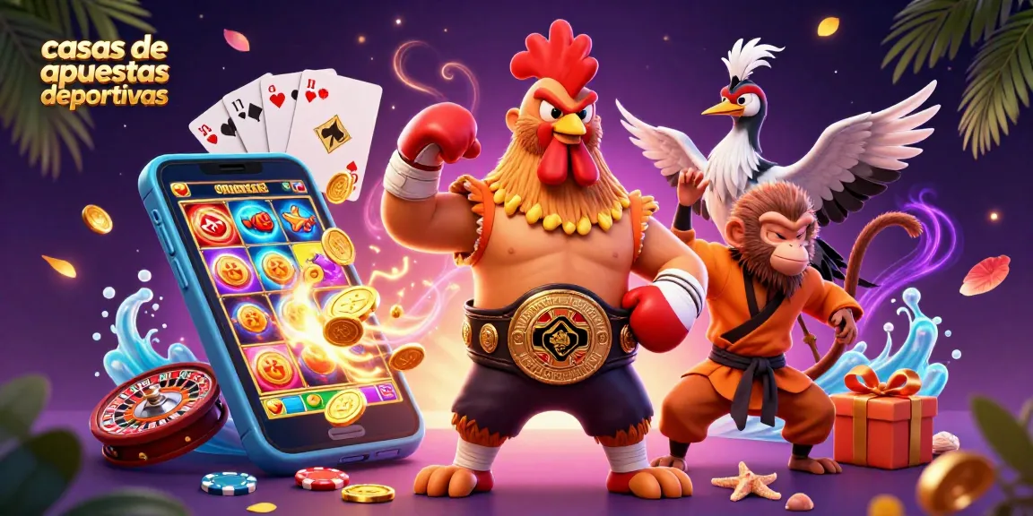 Apuesta en casas de apuestas deportivas con un gallo Muay Thai y un mono artista marcial en escena vibrante.