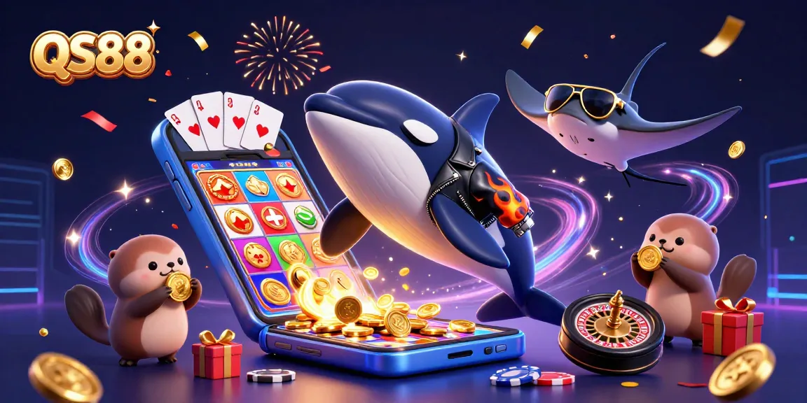 Experience the thrill of QS88 with a dynamic 3D casino illustration featuring exciting gaming elements.