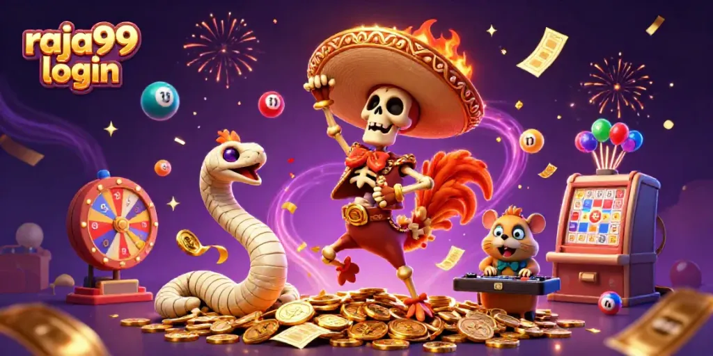 Celebrate big wins with raja99 login, featuring a lively 3D casino scene of colorful characters and gaming elements.