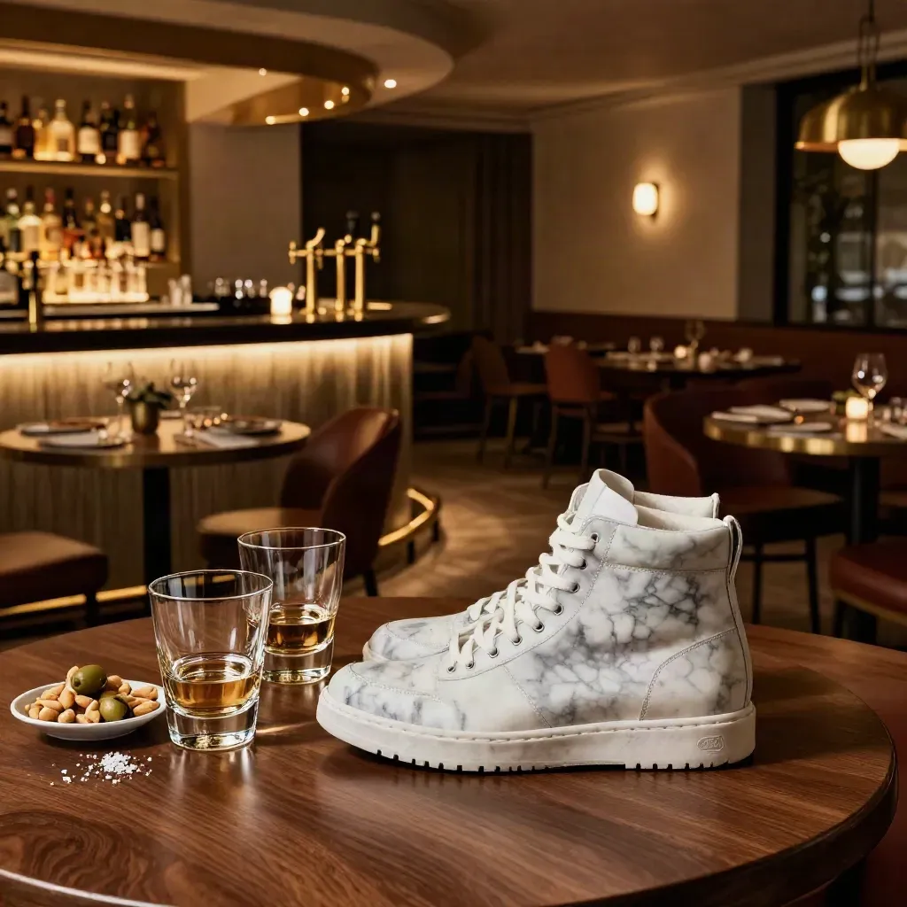Marble pub high-top with small pours, snack plate, and glowing back bar in amber haze.