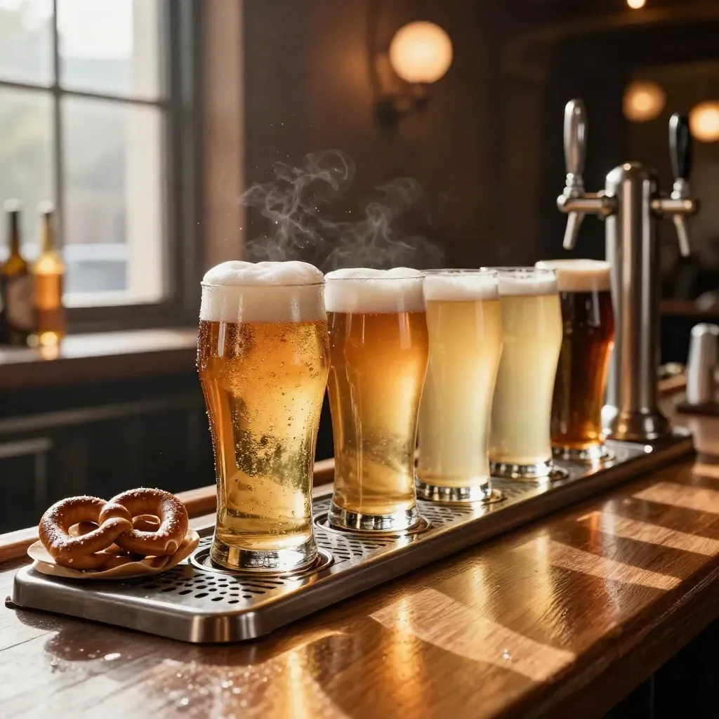 Draft beers, a local can and pretzels beneath brass taps on a warm pub bar