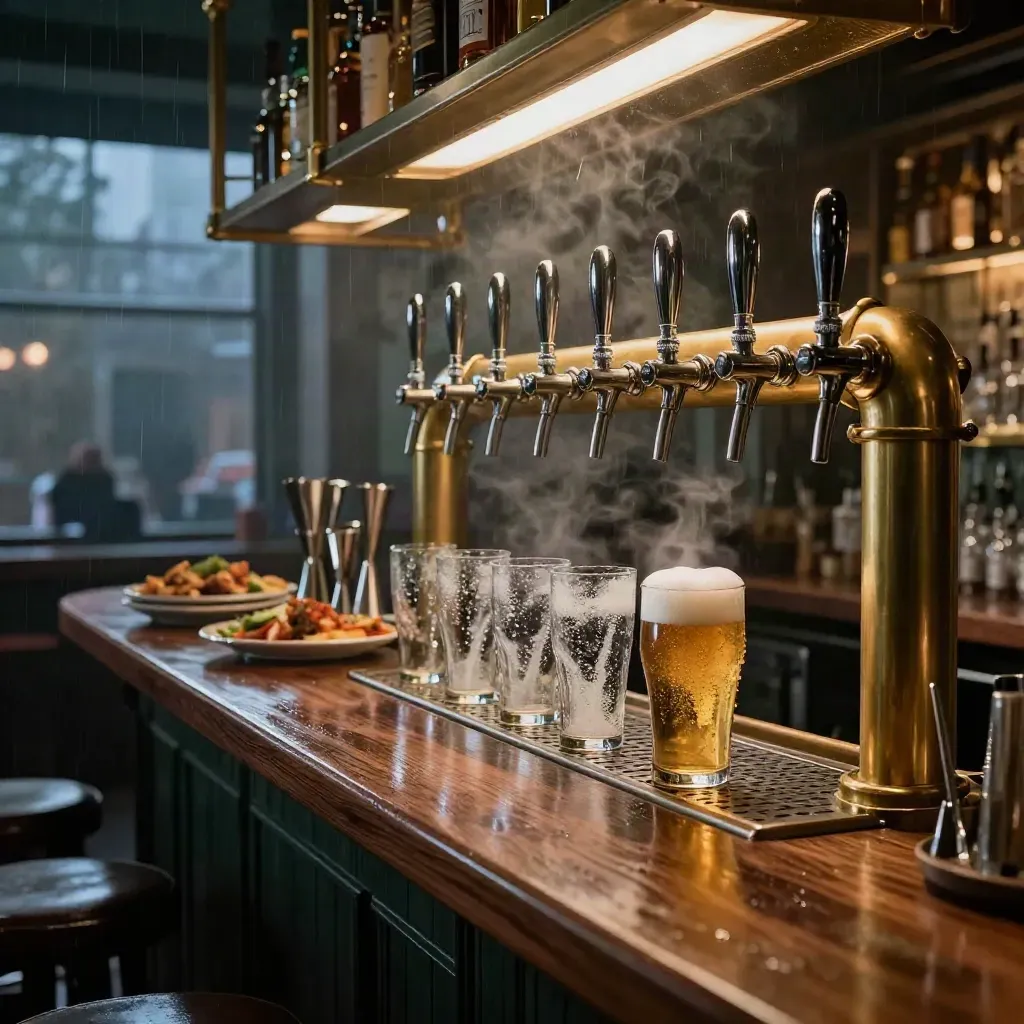 Pub bar close-up with draft taps, beer foam, brass cocktail tools, and stage glow.