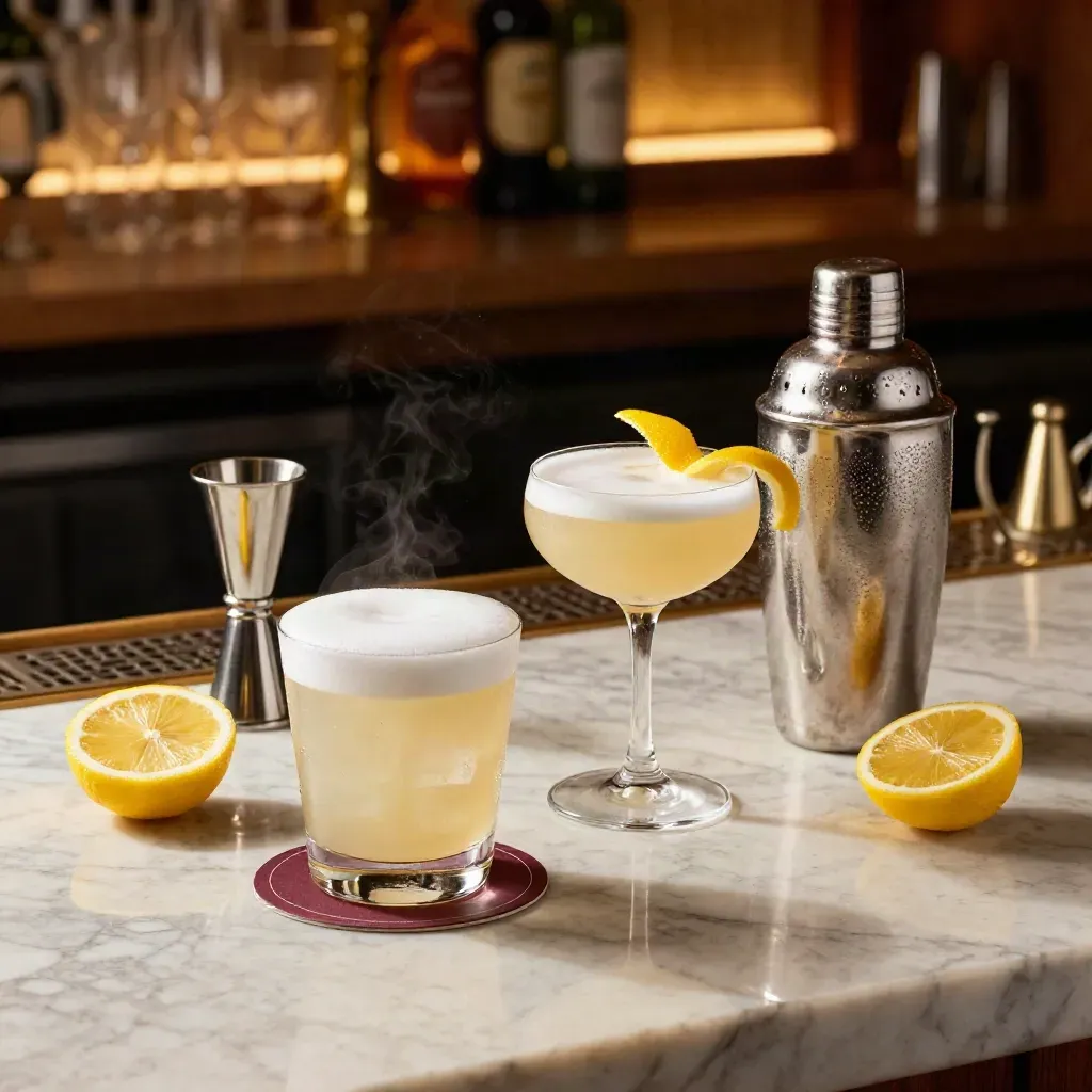 Whiskey sour, coupe, jigger and shaker on a marble bar with citrus mist and warm pub glow.