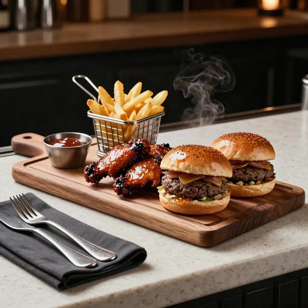 Wooden pub food board with wings, burger halves, fries, sauce ramekin, and rising steam.