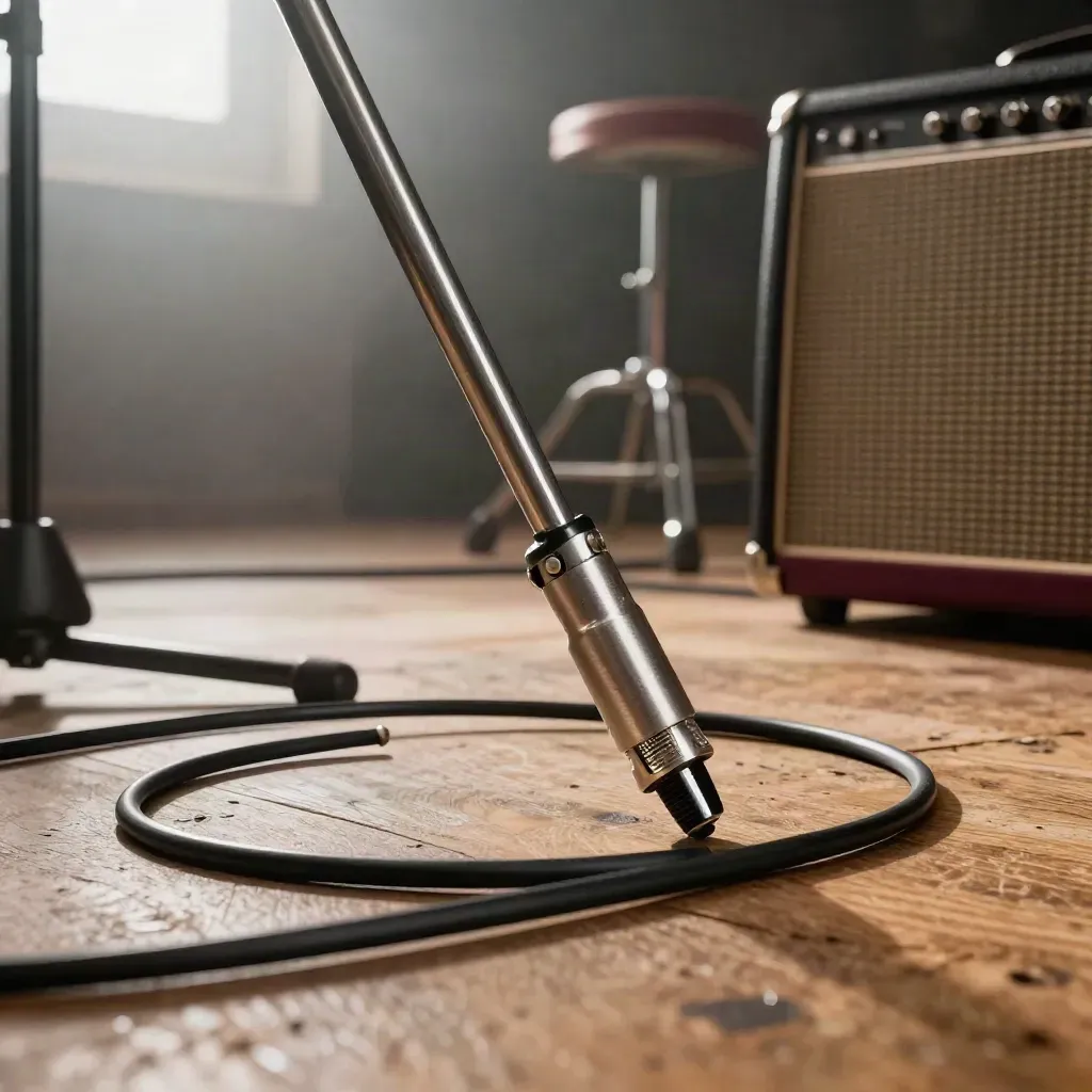 Macro of an empty mic stand, amp grille, coiled cable and stools on a hazy pub stage.