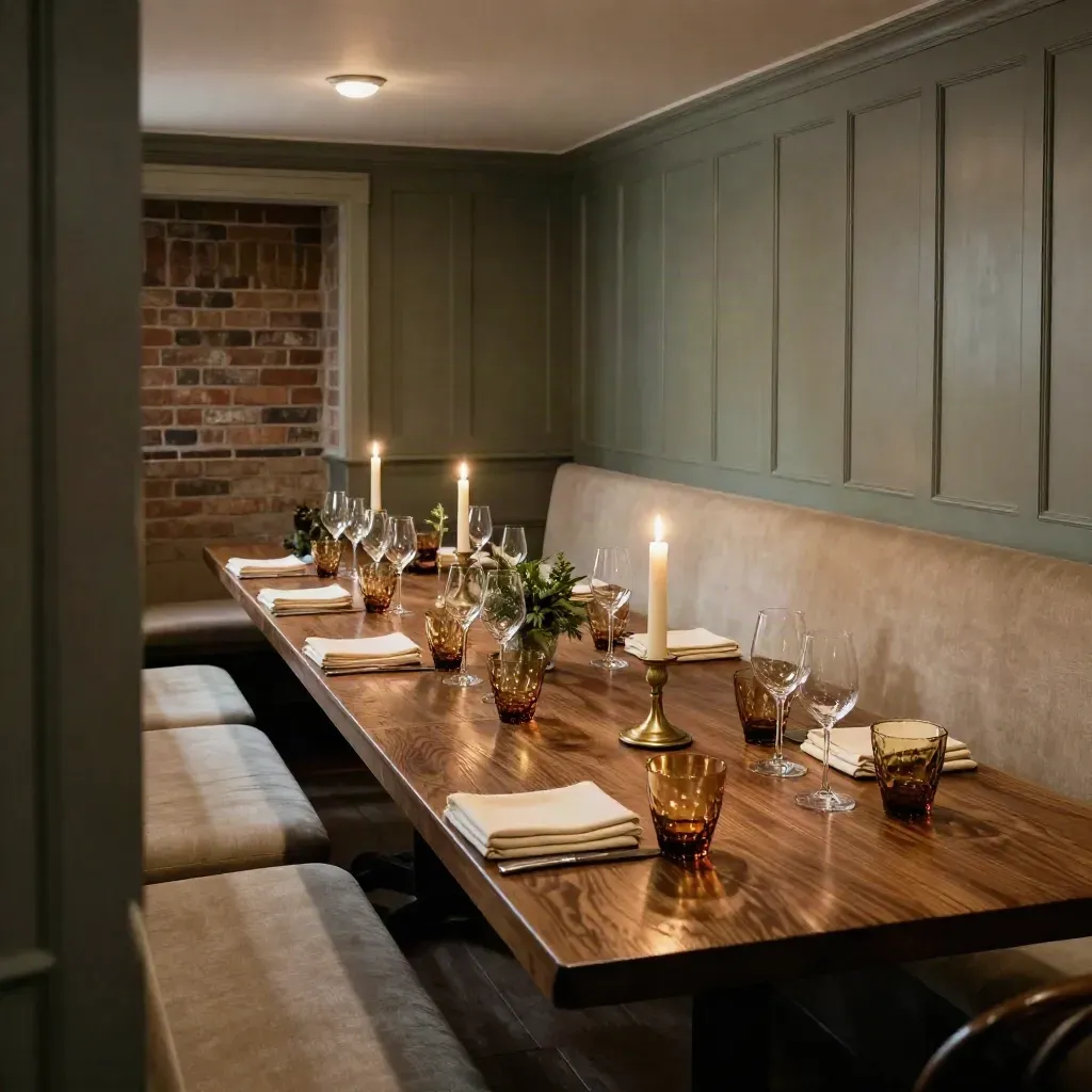 Candlelit private pub room set with wine glasses, folded napkins, and greenery.
