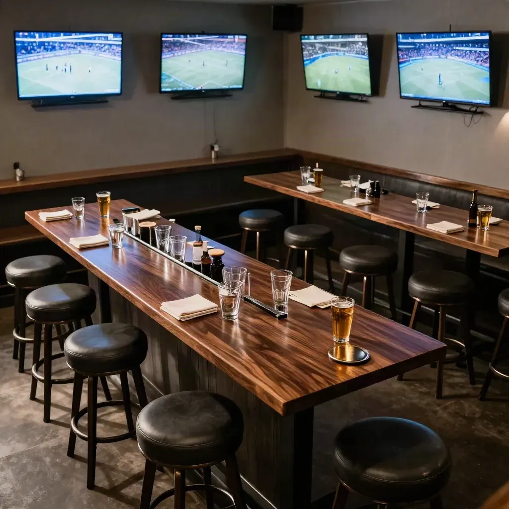 Empty pub front room set for a watch party, four glowing TVs, grouped high-tops, tidy service rail.