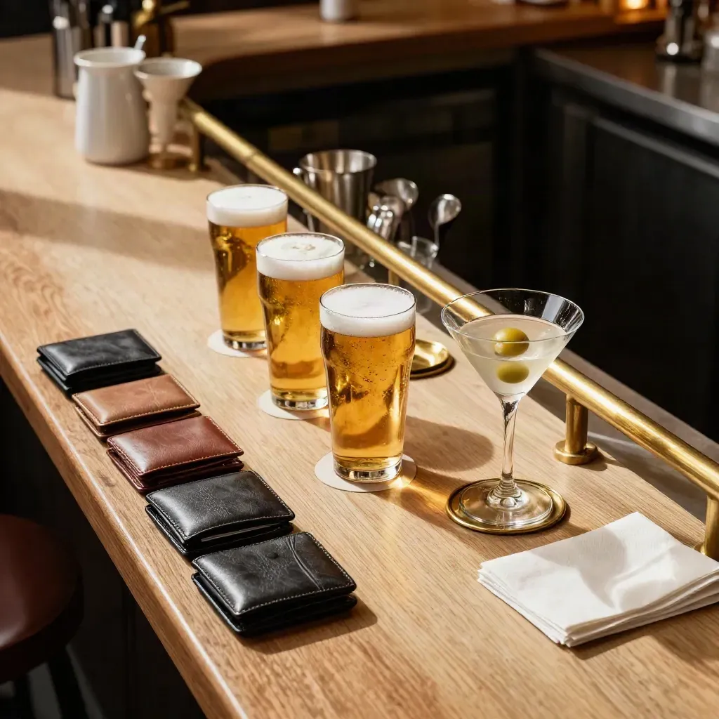 Neat row of drinks and card wallets lined along a warm pub bar.