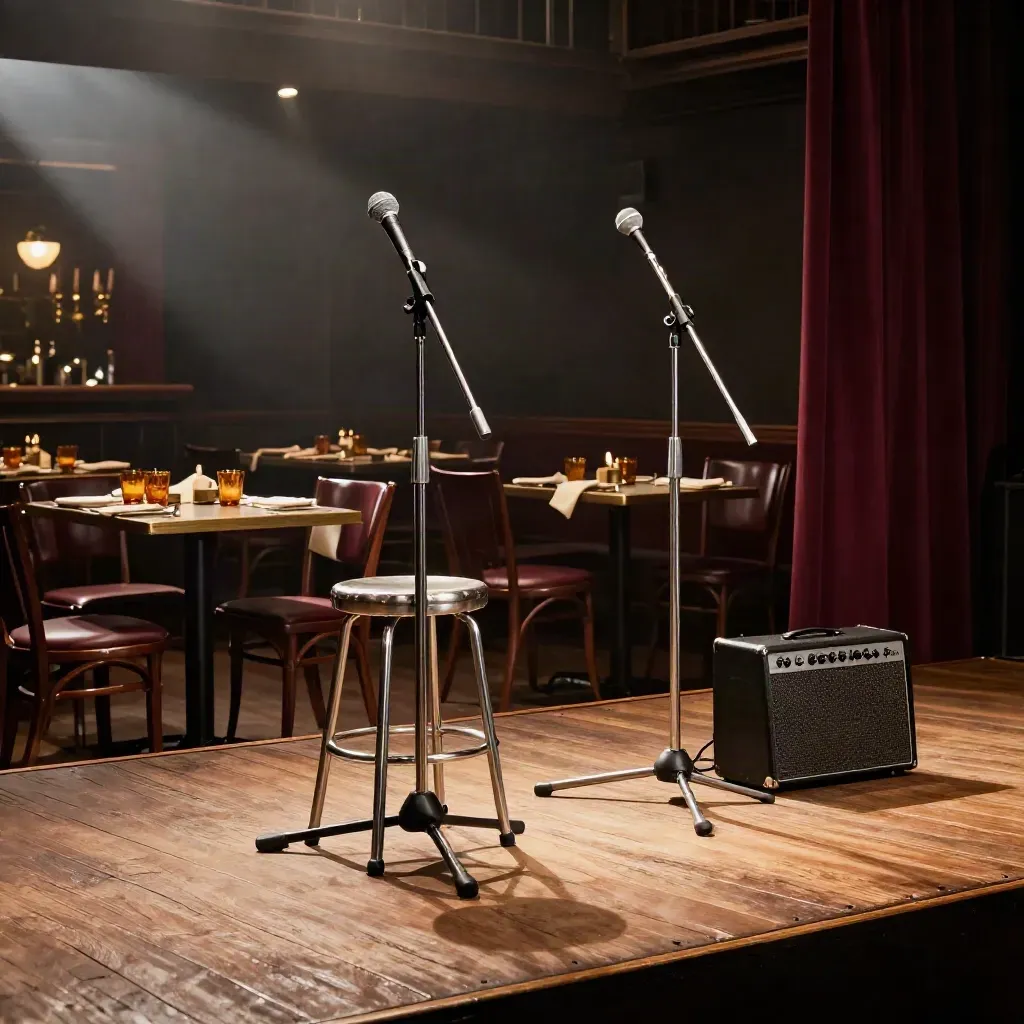 Empty pub stage with mic stands, stool, amp, and packed tables under hazy warm lights.