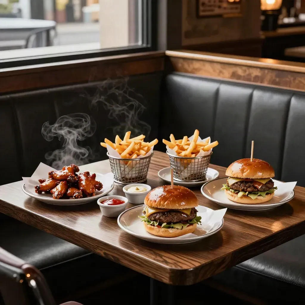 Corner booth spread of burgers, wings, fries, and steam at The Runaway Pub.
