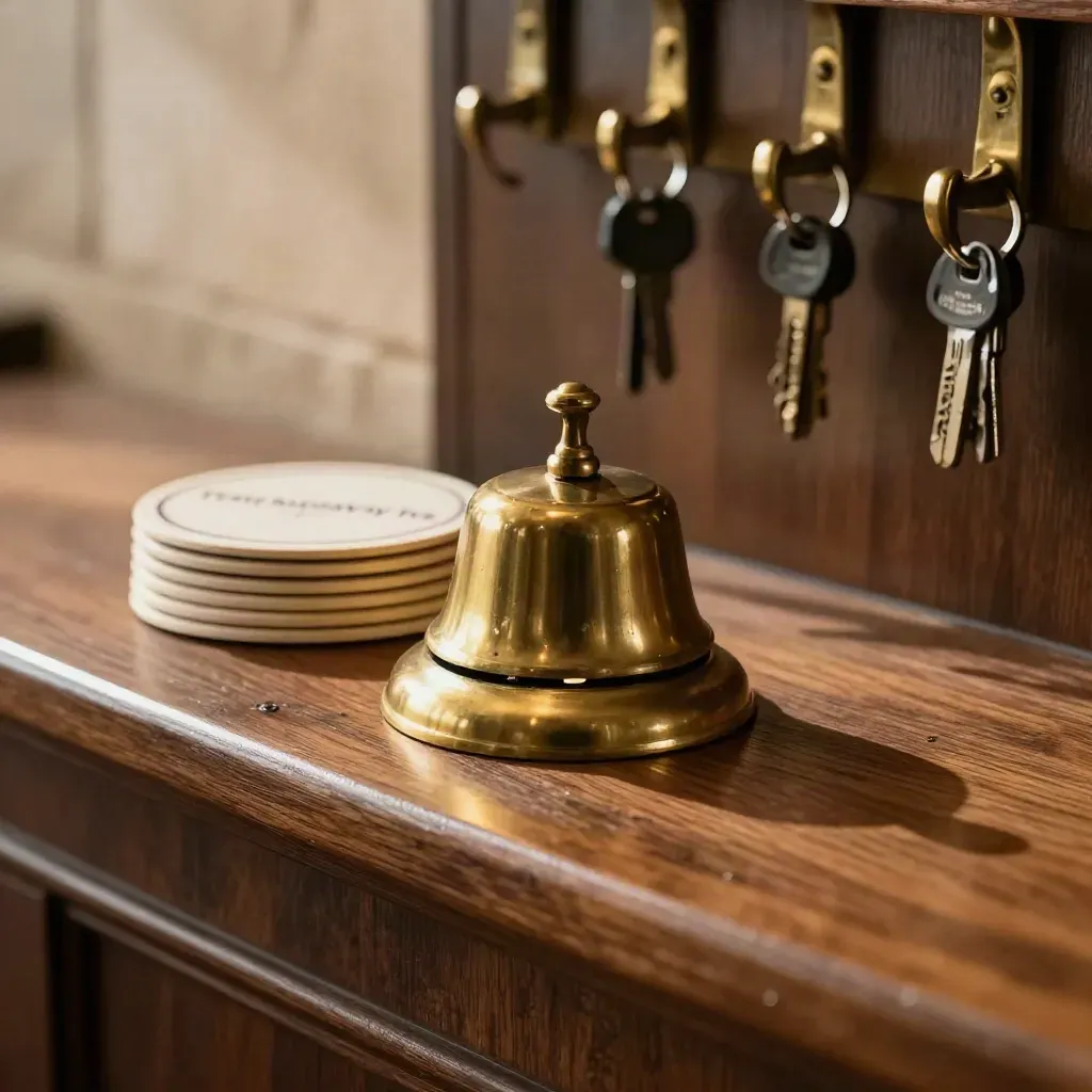 Brass host bell, key rack and coasters on a walnut ledge in warm pub light.