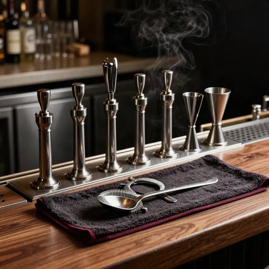 Bar tools lined on a towel on a walnut rail, lit dramatically in a dark pub back bar.