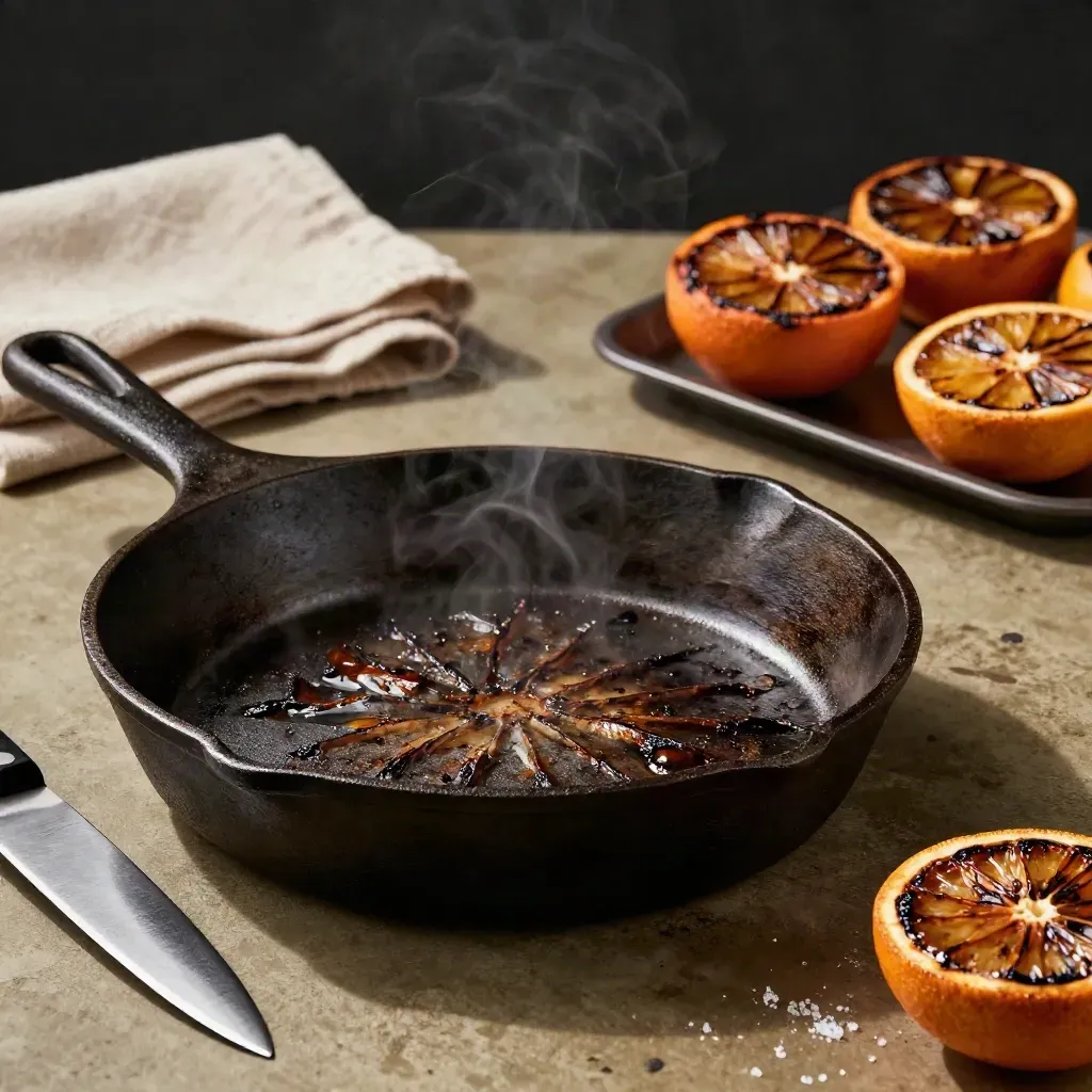 Close macro of cast iron skillet, chef knife, linen and charred citrus on a prep counter.