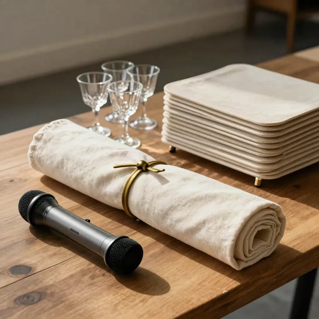 Events prep still life with linen, mic stand, glass racks, and folded cocktail tables