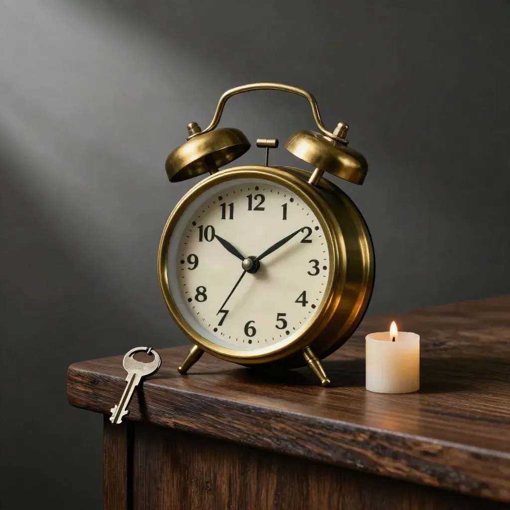 Brass alarm clock, key ring and candle stub on a dark wood ledge in soft side light.