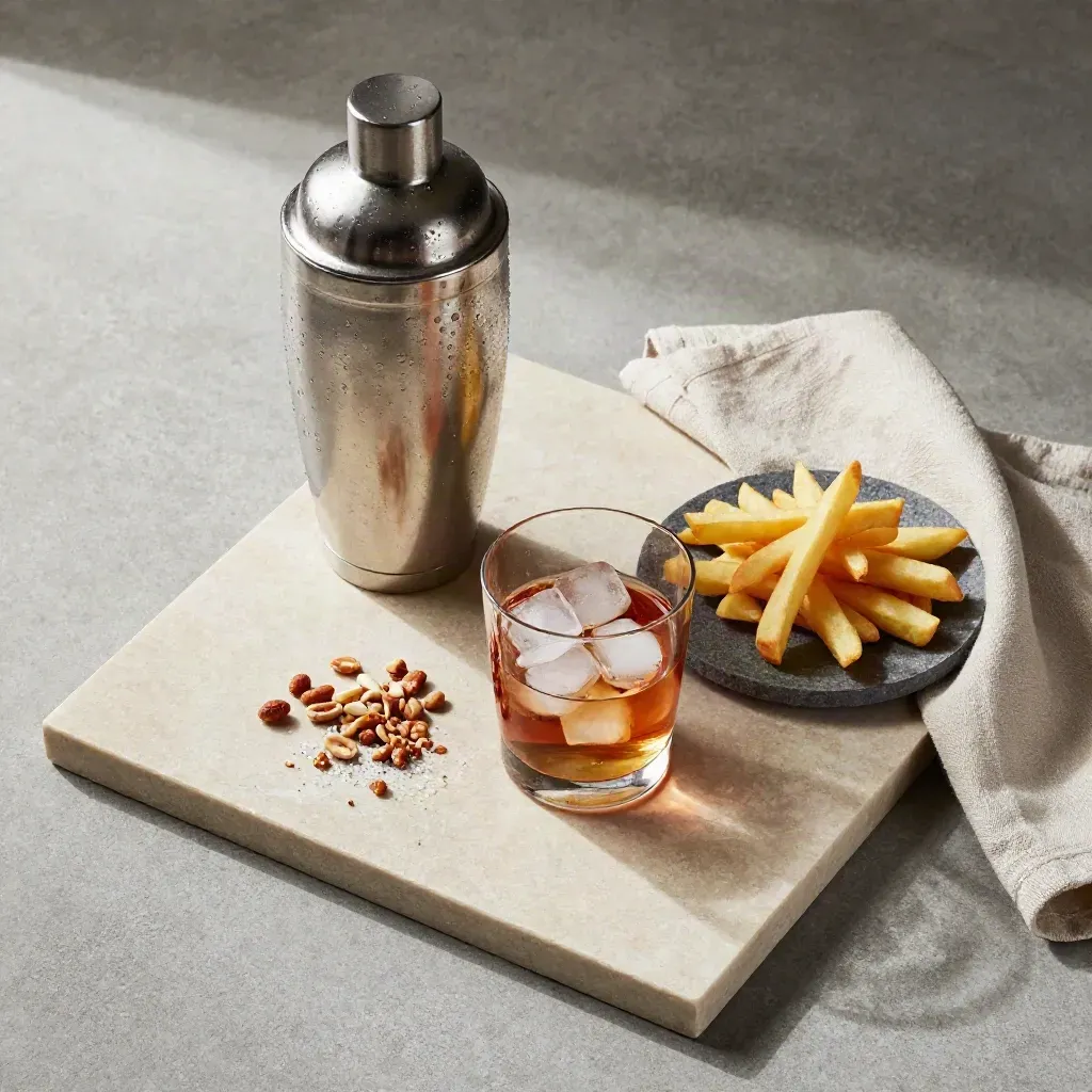 Overhead tray still life with shaker, rocks glass, share plate and linen cloth on cool concrete.