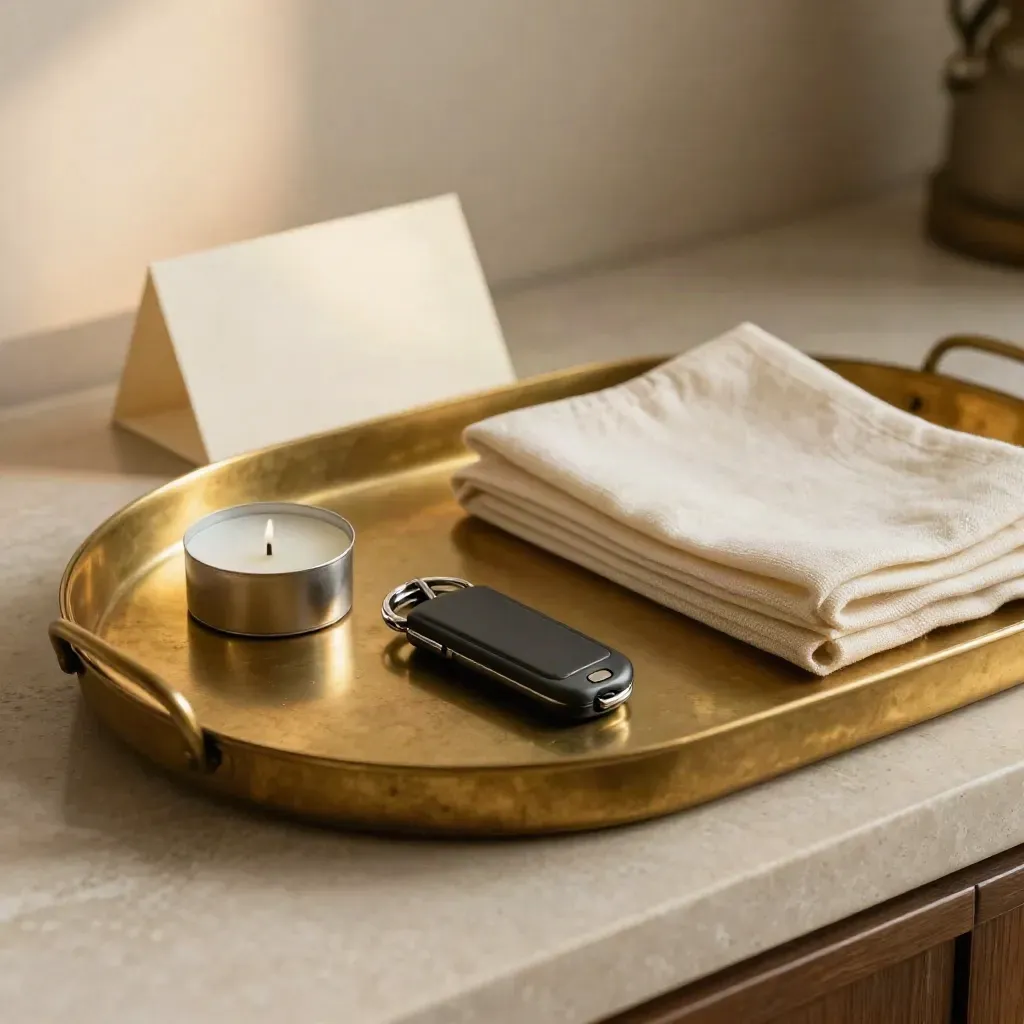 Brass check tray, key fob, candle, and linen napkins on pale stone