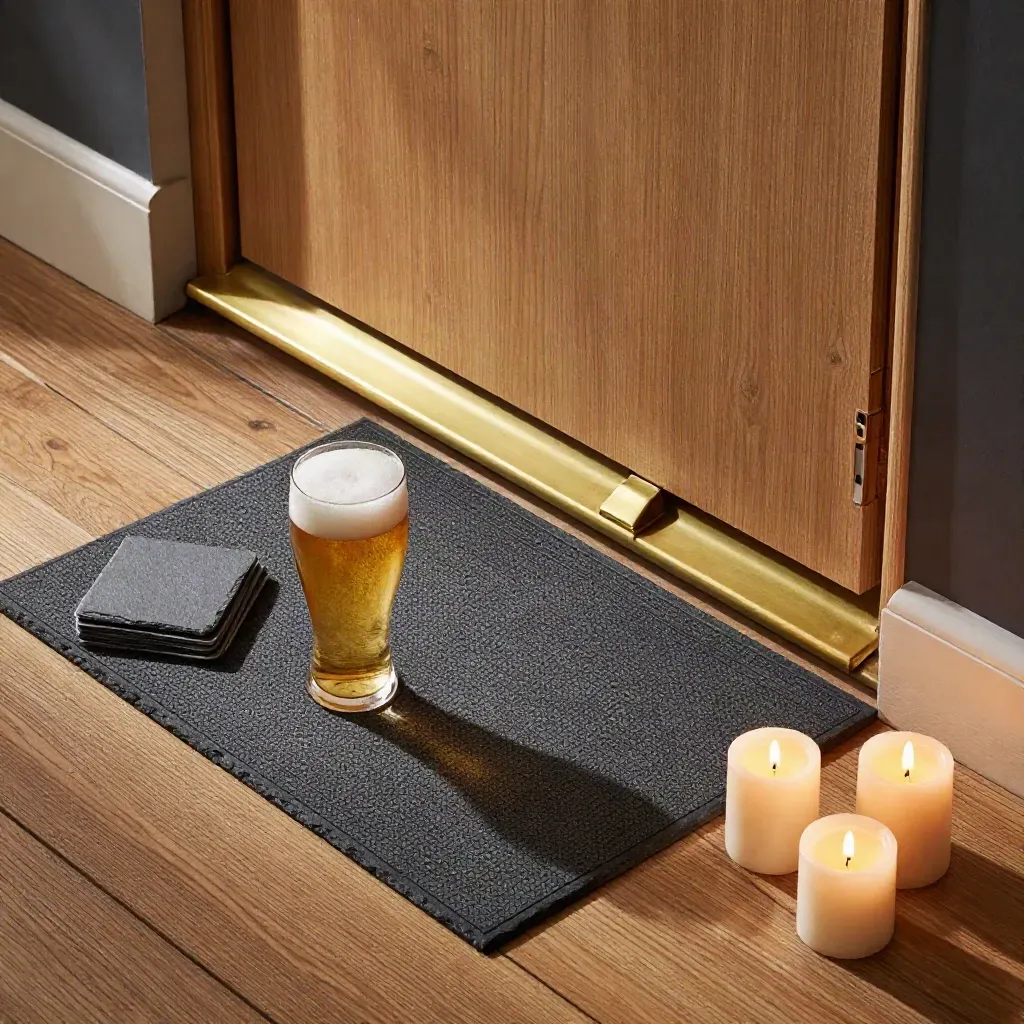 Overhead pub entry still life with pint, coasters, candles, and doorstop on wood and mat.