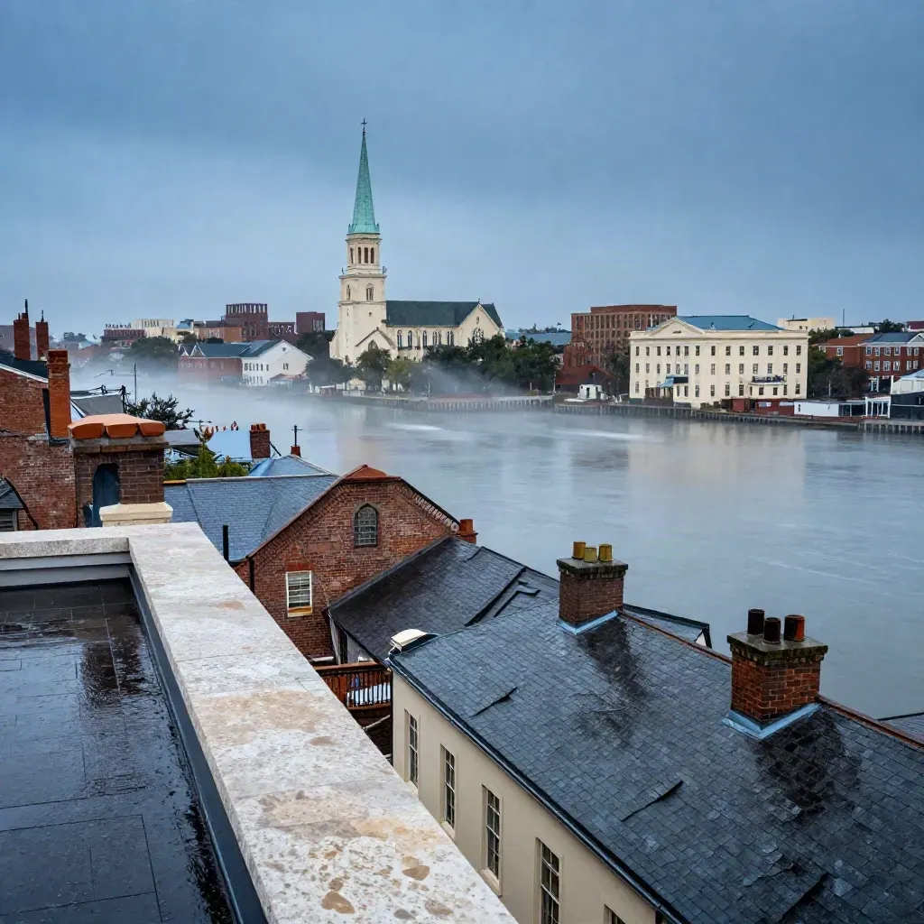 Charleston skyline with church spires above calm harbor water at blue hour after rain
