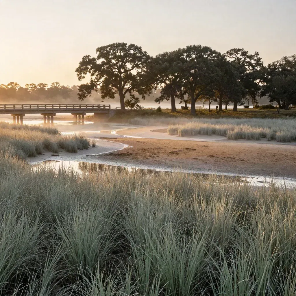 Foggy West Ashley marsh at sunrise with a low bridge and live oaks