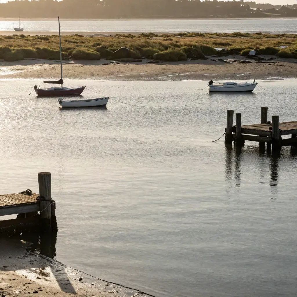 Golden-hour harbor water with small boats, tidal edge, and soft salt mist.